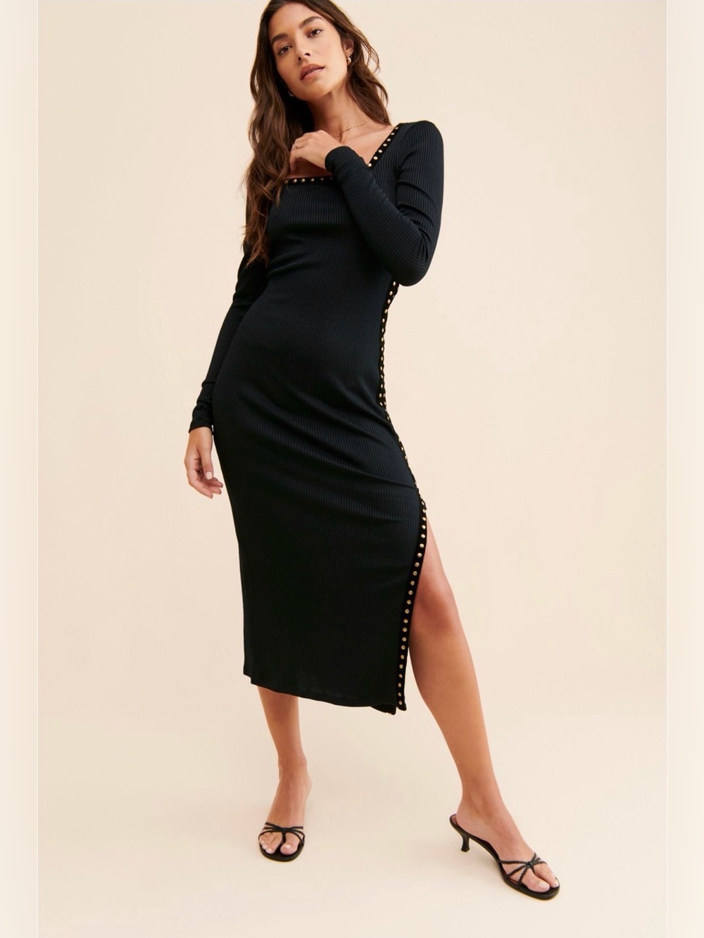 Free People Simone Midi Dress Black Long Sleeve Open Back Size XS